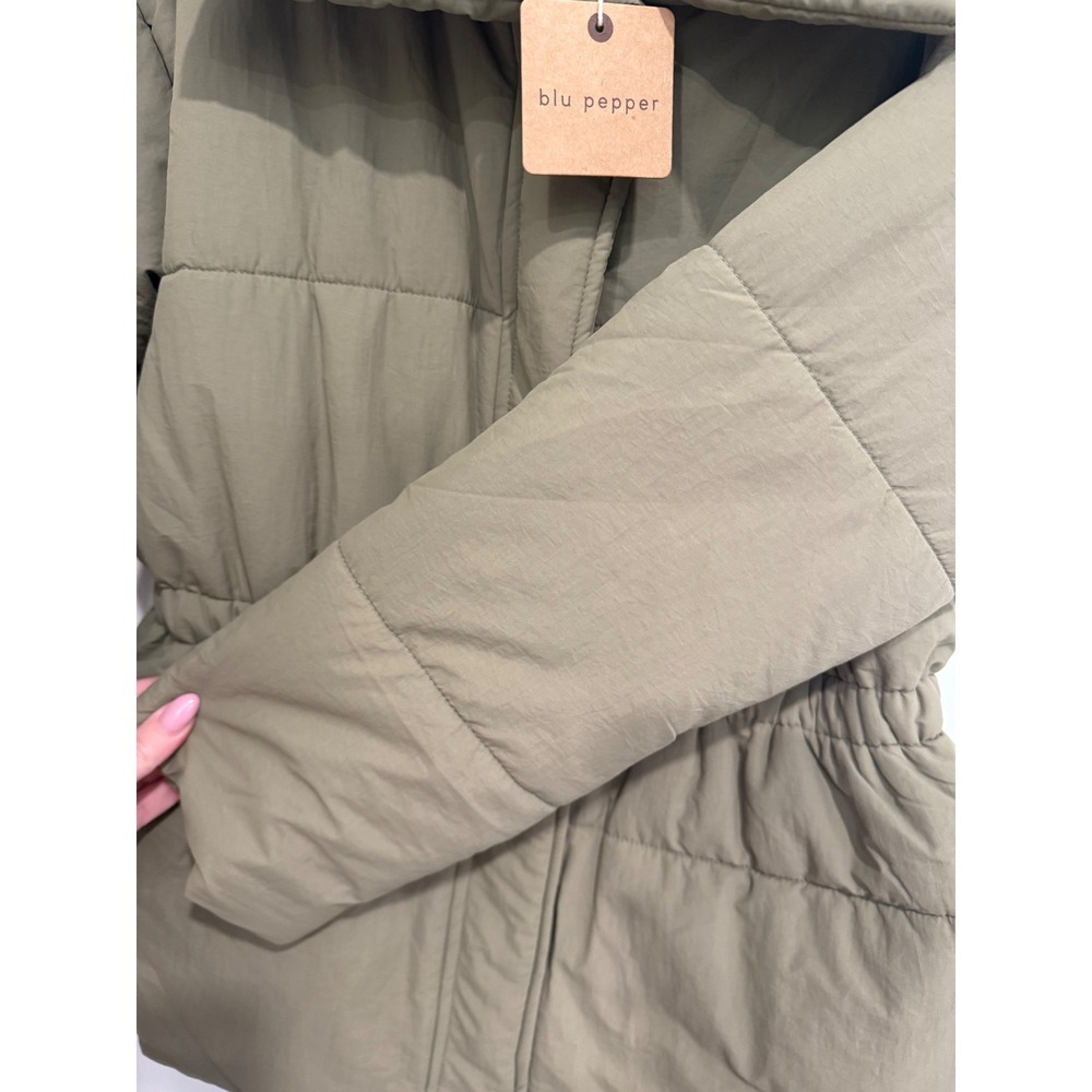 Olive Puffer Jacket Funnel Neck Cinched Waist Coat NWT Small - Picture 4 of 5